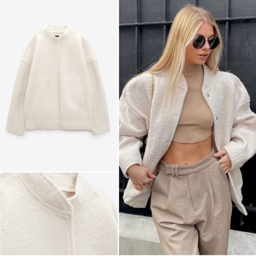 Zara Viral Oversized Bomber Jacket with Pockets Cream/Ecru Boucle - Picture 10 of 16